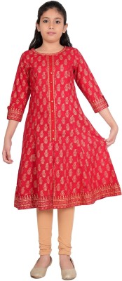 Yash Gallery Indi Girls Calf Length Casual Dress(Red, 3/4 Sleeve)