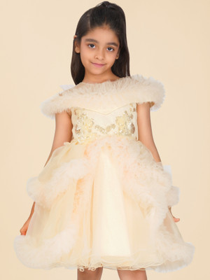 HEREANDNOW Girls Midi/Knee Length Party Dress(Yellow, Sleeveless)