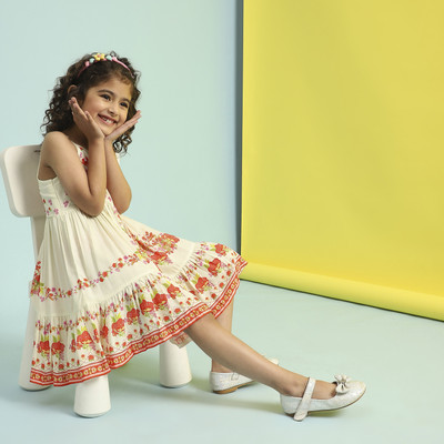 BIBA Girls Midi/Knee Length Casual Dress(Yellow, Sleeveless)