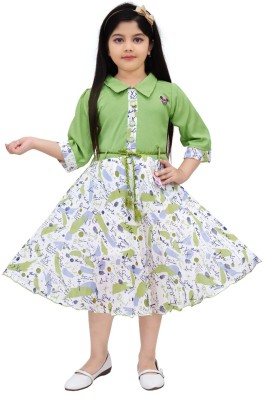 SM MUNIF DRESSES Girls Below Knee Casual Dress(Green, 3/4 Sleeve)