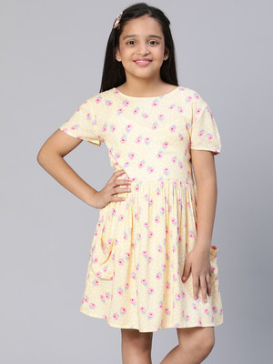 OXOLLOXO Indi Girls Midi/Knee Length Casual Dress(Yellow, Half Sleeve)