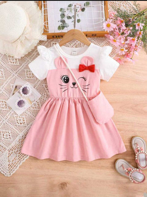 STGarment Indi Girls Calf Length Casual Dress(Pink, Short Sleeve)