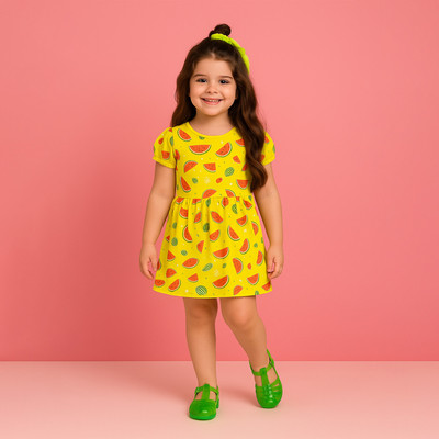 Luay Indi Girls Above Knee Casual Dress(Yellow, Sleeveless)