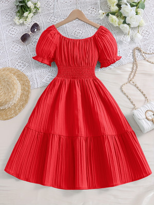Ethit Indi Girls Midi/Knee Length Casual Dress(Red, Short Sleeve)