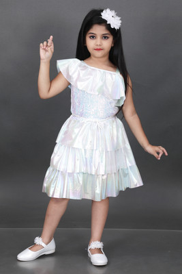 Samshil Fashion Girls Midi/Knee Length Casual Dress(White, Short Sleeve)