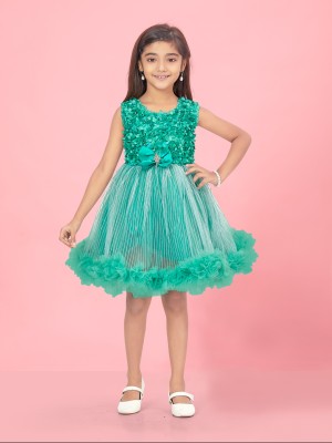 Aarika Indi Girls Midi/Knee Length Party Dress(Green, Sleeveless)