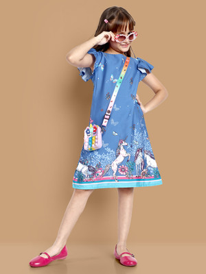 Lazy Shark Girls Midi/Knee Length Casual Dress(Blue, Short Sleeve)