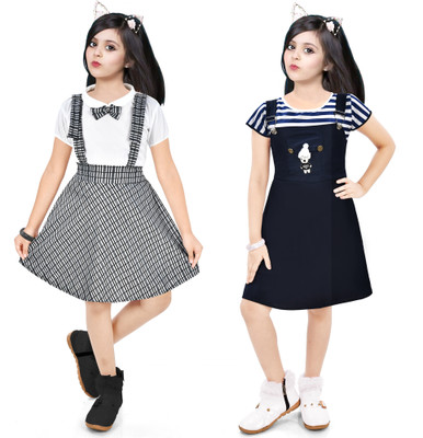 NAIVETY Girls Midi/Knee Length Party Dress(Dark Blue, Short Sleeve)