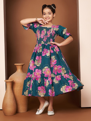 OTABU Indi Girls Midi/Knee Length Casual Dress(Green, Half Sleeve)