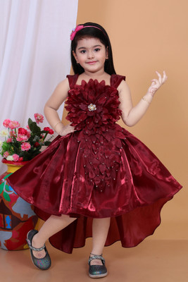 PN fashion Girls Below Knee Festive/Wedding Dress(Maroon, Sleeveless)