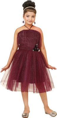 YAYAVAR Girls Midi/Knee Length Party Dress(Maroon, Sleeveless)