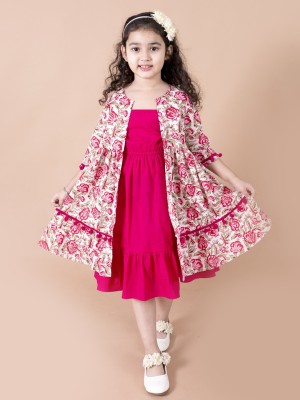 Pspeaches Girls Midi/Knee Length Casual Dress(Pink, 3/4 Sleeve)