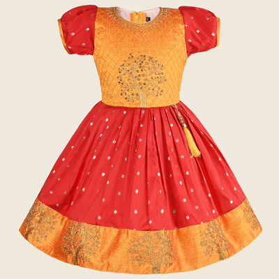Wishkaro Girls Midi/Knee Length Party Dress(Red, Short Sleeve)