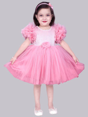 SOULSHINE Indi Girls Midi/Knee Length Party Dress(Pink, Half Sleeve)