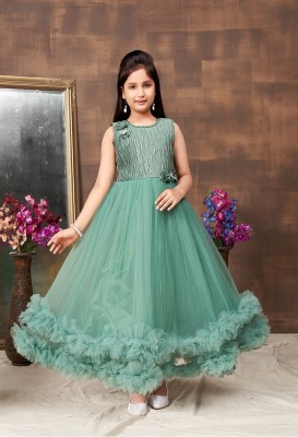 MUHURATAM Indi Girls Maxi/Full Length Party Dress(Green, Sleeveless)