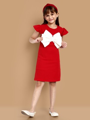 Lazy Shark Girls Midi/Knee Length Casual Dress(Red, Short Sleeve)