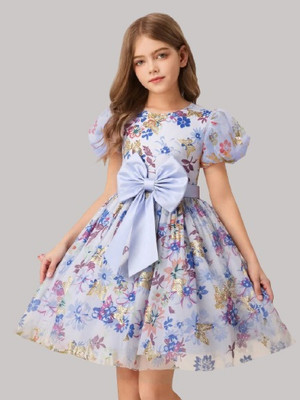 CASAD Girls Midi/Knee Length Casual Dress(Blue, White, Short Sleeve)