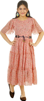 YAYAVAR Girls Maxi/Full Length Casual Dress(Multicolor, Half Sleeve)