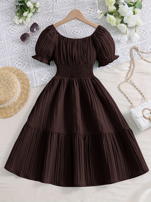 dhvani fashion Girls Midi/Knee Length Casual Dress(Brown, Half Sleeve)