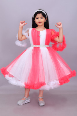 Aruna Trend Girls Calf Length Festive/Wedding Dress(Pink, White, Cap Sleeve)
