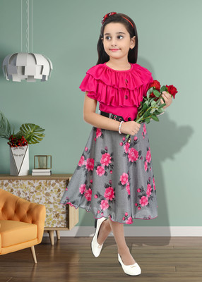 Star Case Girls Midi/Knee Length Casual Dress(Pink, Half Sleeve)
