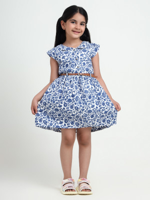 BLUSCAILE Indi Girls Midi/Knee Length Casual Dress(Blue, Sleeveless)