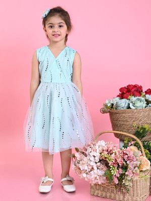 Saka Designs Girls Below Knee Party Dress(Blue, Sleeveless)