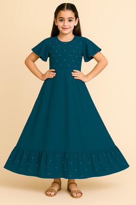 futureone Girls Maxi/Full Length Festive/Wedding Dress(Green, Short Sleeve)