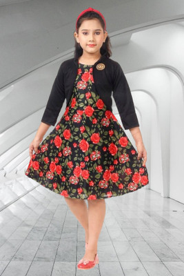 KidsCute Girls Midi/Knee Length Festive/Wedding Dress(Black, 3/4 Sleeve)