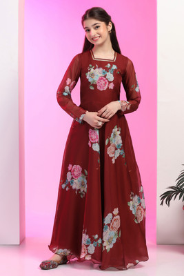 Fashion Dream Girls Maxi/Full Length Festive/Wedding Dress(Brown, 3/4 Sleeve)