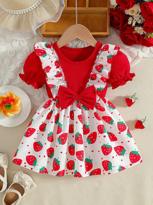 SK DALIA DRESSES Girls Midi/Knee Length Casual Dress(Red, Short Sleeve)