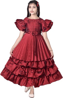 VIVEKGARMENT Girls Maxi/Full Length Festive/Wedding Dress(Maroon, Short Sleeve)