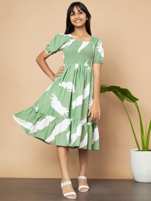 OTABU Girls Midi/Knee Length Casual Dress(Green, Half Sleeve)