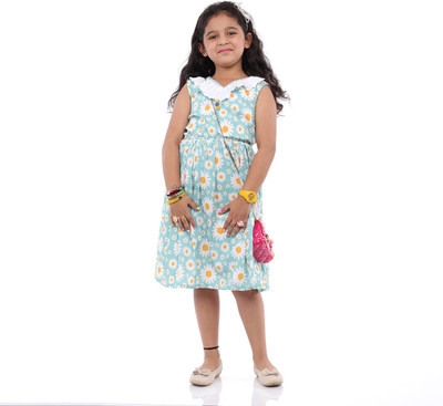 Corazon Girls Midi/Knee Length Party Dress(Blue, White, Sleeveless)