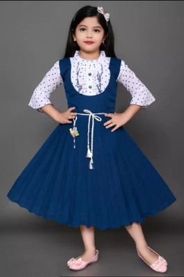 MILORYFASHION Girls Calf Length Festive/Wedding Dress(Blue, 3/4 Sleeve)