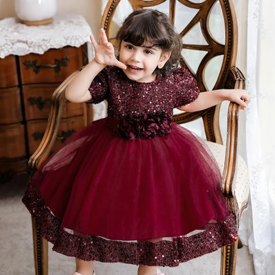 kidzy dresses Girls Maxi/Full Length Party Dress(Maroon, Short Sleeve)