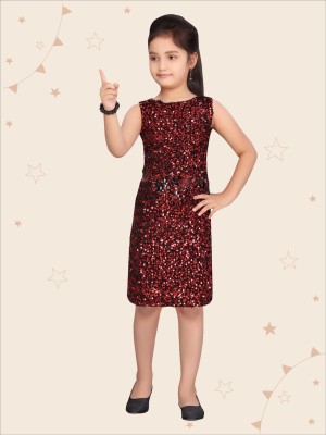 Kidotsav Indi Girls Midi/Knee Length Party Dress(Red, Sleeveless)