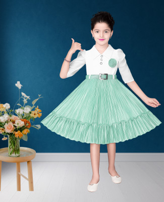 Huma Collections Indi Girls Below Knee Festive/Wedding Dress(Green, White, Half Sleeve)