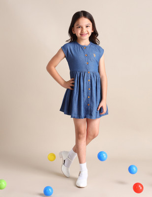 U.S. POLO ASSN. Baby Girls Mini/Short Casual Dress(Blue, Sleeveless)