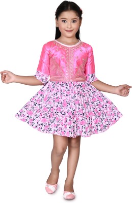 RIHANFASHION N/A Girls Midi/Knee Length Festive/Wedding Dress(Pink, Half Sleeve)