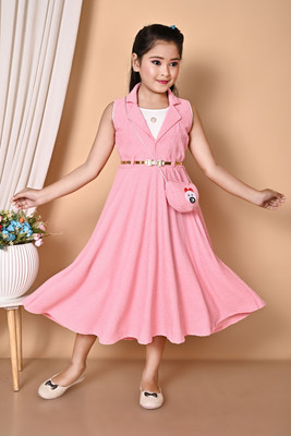 Sajjat Dresses Girls Calf Length Party Dress(Pink, Sleeveless)