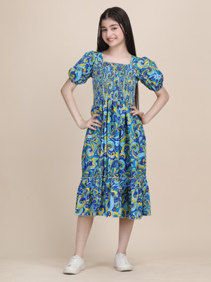 MAA AMAR FAB Girls Maxi/Full Length Casual Dress(Green, Short Sleeve)