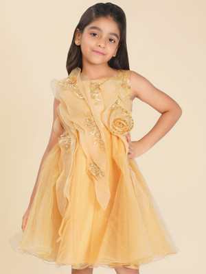 HERE&NOW Girls Midi/Knee Length Casual Dress(Gold, Sleeveless)