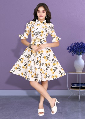 S K Fashion Girls Midi/Knee Length Casual Dress(Yellow, Half Sleeve)