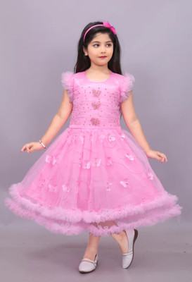 Lilions Girls Midi/Knee Length Party Dress(Pink, Sleeveless)