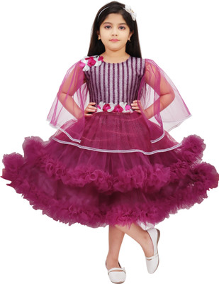 PN fashion Girls Below Knee Festive/Wedding Dress(Maroon, Fashion Sleeve)