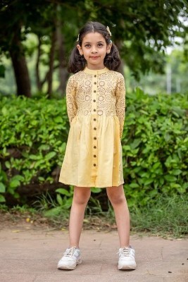 indvanu Indi Girls Midi/Knee Length Casual Dress(Yellow, Full Sleeve)
