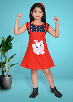 Cleopat Indi Girls Midi/Knee Length Casual Dress(Red, Sleeveless)