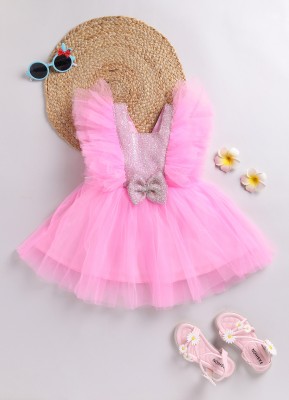 SmartRAHO Baby Girls Midi/Knee Length Casual Dress(Pink, Short Sleeve)