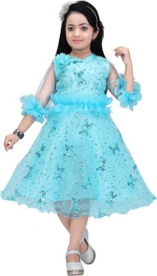 apna collection Girls Midi/Knee Length Festive/Wedding Dress(Blue, Full Sleeve)